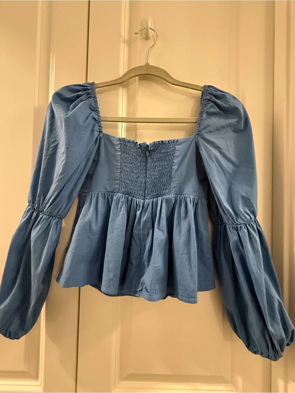 Reformation Jaxley Top Azure Blue Size 2 Puff Sleeve Babydoll Top Organic Cotton